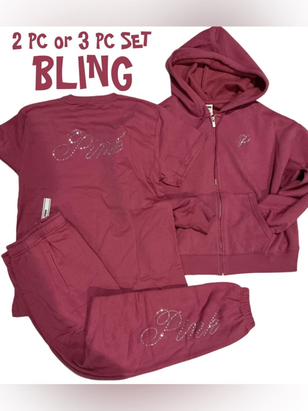 NEW VICTORIAS SECRET PINK BLING FULL ZIP HOODIE, JOGGERS & TEE SHIRT 3PC SET